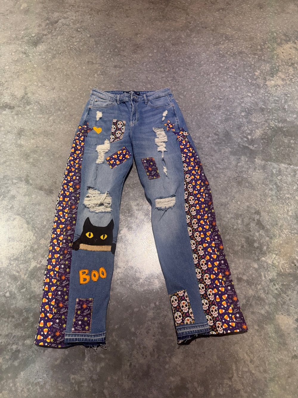Hollister Blue Denim Patchwork Flare Jeans with Halloween Panels